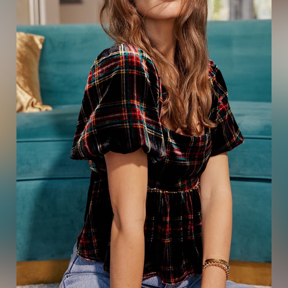 Francescas velvel plaid Blouse NWT